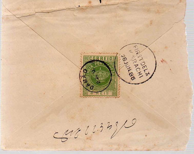 1173 f.jpg -     Lote:    1173 (frente)            Índia       Descrição:         1882 &mdash; Tipo Coroa. Valores em moeda local. CE117, 6 reis verde, denteado 13 &frac12;, tipo I em sobrescrito circulado de Damão (22.06.86) para Karachi (28.06.86).        Carta       Valor Base:     &euro; 50,00     Valor Venda:     &euro; 80,00     